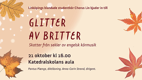 Ljust aprikos bakgrund och höstlöv i kanterna. Text: "Glitter av britter" samt information om kommande konsert, samma information finns i texten under bilden. 